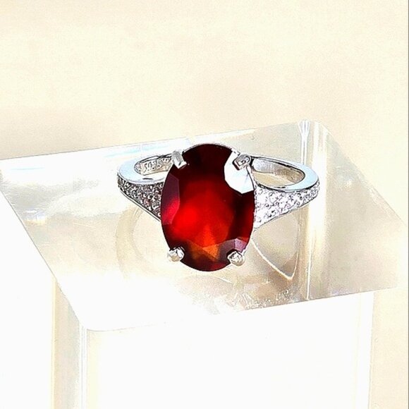 925 Sterling Silver Ring with Natural  Hessonite Garnet Gem & CZ - Picture 9 of 16